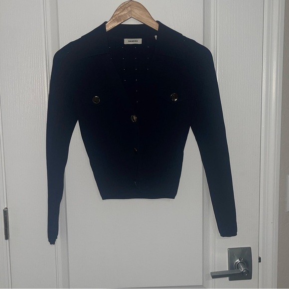 SANDRO Cropped Ribbed Pointelle Knit Cardigan Sweater Navy Blue Eyelet Gold HW 1 - Picture 5 of 12